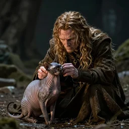 golem petting a hairless cat, night, lord of the rings cinestill