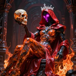 photo of fullbodied baroque and bladerunner delicate neon hellfire sculpture of seductive brimstone black albino marble prince william levy orange iridescent humanoid deity wearing red plastic hooded cloak holding an glass skull in a onyx alien dungeon, reclining, glowing magenta face, crown of white diamonds, cinematic lighting, photorealistic, octane render 8 k depth of field 3 d