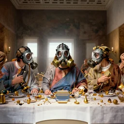 the last supper in gas masks, hyperrealistic, volumetric golden dappled dynamic lighting, highly detailed, sharp focus, elegant, by alina polovinkina on artstation