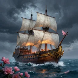 galleon ship, sea, storm. bloom, lighting. fantasy, digital painting, hd, 4 k, detailed.