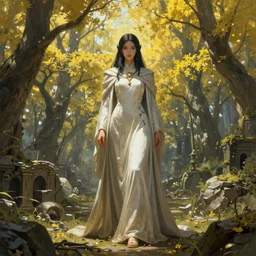 A portrait painting of a fantsy female priestess in a stunning ruin setting surrounded by yellow spring forest,  Junji Ito and Greg rutkowski, masterpiece , trending on artstation unreal 5, DAZ, hyperrealistic, octane render, dungeons and dragons, dynamic lighting