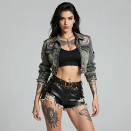 ana de armas as a tattooed armored wanderer pinup, wearing scratched and ripped leather shorts and a short jacket full of stamps and stitches, character sheet, fine details, concept design, contrast, kim jung gi, greg rutkowski, trending on artstation, 8 k, full body, turnaround, front view, back view, ultra wide angle