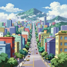 futuristic city on a mountainside, colorful city, megacity, clouds on mountain, buildings on mountainside, looking down street, ultra - long street, liminal spaces, sloped street going down, downward slope, cel - shading, cel - shaded, 2 0 0 1 anime, bright sunshine