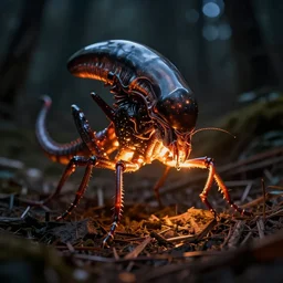 a hybrid xenomorph firefly glowing in the darkness, the most realistic photo ever