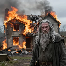a photo of a house burning down in the background and gandalf with an eerie expression in the foreground, strong depth of field