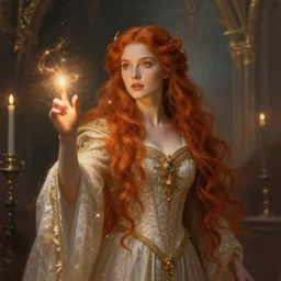 Fantastic, fairytale, portrait,  painting, beautiful!, female mage, long flowing red hair, light emitting from fingertips, ornate gown, royalty kingdom, royal court