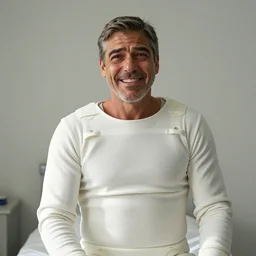 color photo of george clooney in a white straight jacket, very happy face, sad, crying, insane asylum white padded room