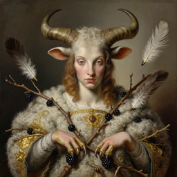 a hyper detailed painting of an elegant renaissance model, cow horns, eagle claws, blackberries, twigs, gold, sheep wool, surreal, absurd, chicken feathers, intricate, masterpiece, by anna podedworna, by miklos ligeti, by diego maricato, by taran fiddler, by antonino truisi, by chris reddie, by jinsung lim