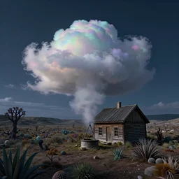 an iridescent cloud coming out from a lone well near an old wood cottage in a desolate wasteland full of strange vegetation. detailed nocturnal scene, soft light, sharp focus, intricate, trending artstayion, digital art