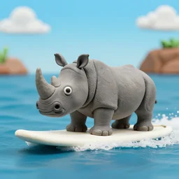 a rhino surfing in the sea, claymation