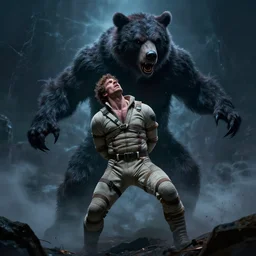 A photorealistic picture of a man in a straitjacket with his arms bound behind him  possessed by a dark ghostly bear demon and lunging forward epic, professional digital art, best on artstation, cgsociety, wlop, Behance, pixiv, astonishing, impressive, cosmic, outstanding epic, stunning, gorgeous by Jim Burns, Frank Frazetta, Micheal Whelan, masterpiece.