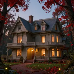 a stunnng victorian house in ancient forest at dusk, ultra detailed, warm interior light, red leaves tree, cinematic shot, photorealistic, octane render, high definition, fine details, fairy mood, fireflies, 8 k