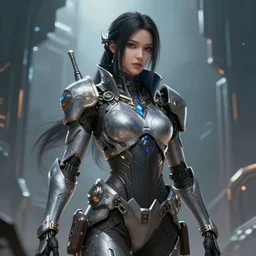 cyborg necromancer, beautiful girl, scifi, futuristic, warframe, han so - hee, friendly, pure, highly detailed, masterpiece, artstation, art by emika lightweaver and antoine collignon