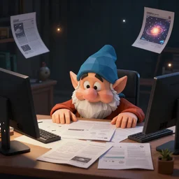 A dwarf peeking over his desk surprised, the desk is covered in scattered papers, deep rock galactic screenshot, low poly, digital art.