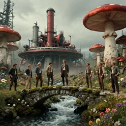 adventurer ( ( ( ( ( 1 9 5 0 s retro future steam turbine and mill in forrest of giant mushrooms, moss and flowers stone bridge waterfall. muted colors. ) ) ) ) ) jean baptiste monge, charles vess, anato finnstark, cinematic lighting, kay nielsen, jean giraud, leyendecker, chrome red