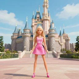 barbie i ’ m real life live action remake, 4 k, film still, live action, realistic, human, actress, wide angle, 4 k, background of castle