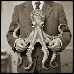 anthropomorphic octopus ,with human hands, wearing a suit, vintage photograph, sepia