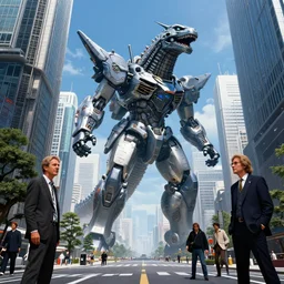 a great kaiju mecha towers over the streets of tokyo in the near future, art by syd mead and marc simonetti and alejandro burdisio and markus vogt, tohoscope, science fiction, hyperrealism