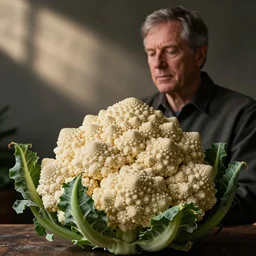 David Mitchell admiring traditional christmas cauliflower