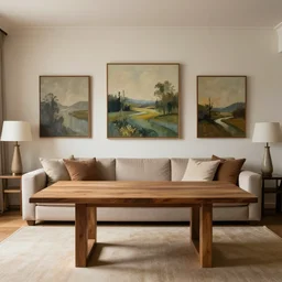 a relaxing room with a wooden table and a big sofa and paintings on the wall, high quality, 8 k, architecture, symmetrical, harmonious, complementary colors, calm, high coherence, natural lighting, path traced, highly detailed, hyperrealistic, concept art, octane render, unreal engine 5, trending on artstation, beautiful, elegant