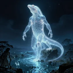 eerie, greek fantasy panorama, a magnificent translucent shining lizard ghost giant above the magic shining river styx, at night, otherworldly, ghost giant above the horizon, stanley kubrick, 1 7 mm, wide shot, surreal, deep