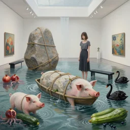 painting of a flooded modern art gallery and a tall emo girl, large japanese stones tied with hemp rope, pig - lifeboat, art gallery interior, pig, liminal space, courgette, waterfall, black bench seat, feminine, organic, pomegranates, octopus, zen, black swans, courgettes, berries, surrealist, by magritte and monet