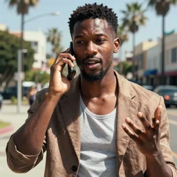 photograph of a stylish black man talking animatedly on phone, midshot, outdoors in la, harsh overheard sunlight, midday, summer