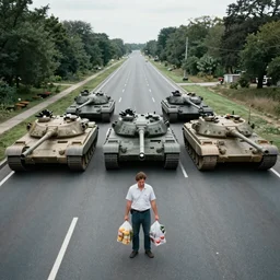 a historic photo of a drone shot of a man holding grocery bags on both hands, standing in front of five tanks lined up approaching him on the highway