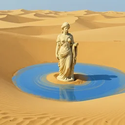 a golden salt flat surrounded by dunes with a ruined statue of a woman emerging from the blue sand, illustrated, epic composistion, edward hopper and james gilleard, steven outram, volumetric lighting, surreal flat colors, concept art