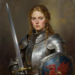greg manchess oil matte portrait painting, welsh female knight with beautiful face, sword and shield, wonderful masterpiece highly detailed, scifi, beautiful cinematic light deep focus, elegant, digital painting, smooth, sharp focus, golden ratio, dramatic illumination, ultra realistic, 4 k, art by greg rutkowski wlop rossdraws