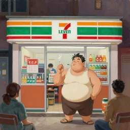 a rustic oil painting of a seven eleven convenience store with an obese shop owner in a tank top smoking a cigarette, from the perspective of a customer, anime style drawing, trending on artstation