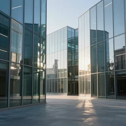 surreal minimalistic architecture with lots of mirrored glass, liminal, photo,