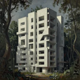 a painting of a building in the middle of a forest, a detailed matte painting, brutalism, dystopian art, rough, unfinished surfaces, unusual shapes, straight lines, greeble, oil paint, insanely detailed and intricate, hypermaximalist, elegant, ornate, hyper realistic by eugene von guerard and francisco goya and caravaggio and zdzislaw beksinski and peter gric