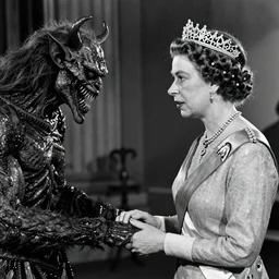 Black and White photograph of Queen Elizabeth the second holding hands with demonic monster, 4k, highly detailed, 1952