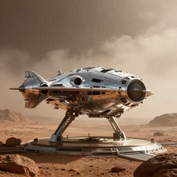 Majestic Chrome Spaceship docked at base on Mars, fog, rain, volumetric lighting, beautiful, golden hour, sharp focus, ultra detailed, cgsociety