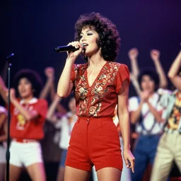 photo of singer singing in an japan 1 9 8 0 pop big concert, photo by louise dahl - wolfe, color photo, colored