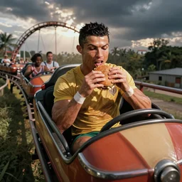 christiano ronaldo eating a hamburger in a roller coaster