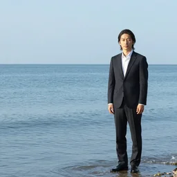 japanese man with long hair in a suit standing in the ocean looking at the camera, wide shot, far!!!!!!! away, zoomed out, distance!!!!!!! shot, sunset, centered, album cover, 1980, tatsuro yamashita, ride on time