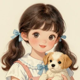 a vintage cute girl with pigtails and puppy, beautiful colors, painted in the style Vintage greeting card, detailed