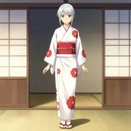 beautiful thin girl, silver hair, white kimono with red higabana patterns, full body shot, ilustration by Takehiko Inoue ((and Krenz Cushart))