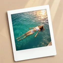 4k high angle view photograph of woman laying on a surface of turquoise water, golden hour, Bleach bypass, warm tones, beige colors, rays of sunlight, digital 2D, soft lights, polaroid, High-key lighting, Charlie Bowater, James Jean, Ivan Bilibin, Ross Tran, Tom Bagshaw