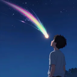 a colorful comet falls as a person looks il at the sky, digital anime art trending on artstation
