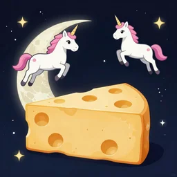 cheese moon with flying unicorns in space