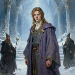 a young, androgynous wizard with beautiful robes in an arctic temple, highly detailed painting by gaston bussiere, craig mullins, j. c. leyendecker, 8 k