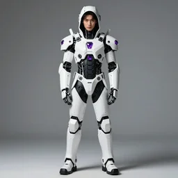 male ulzzang with white sci - fi tactical gear and hood, black cybernetic enhancements, purple crystal glass inlays, full shot, fashion photography, by irving penn and storm thorgerson, ren heng