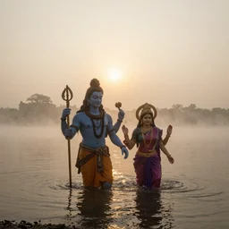 lord shiva and his wife goddess parvati, bathing on a river, foggy morning, sun rays, atmospheric and heavenly photo