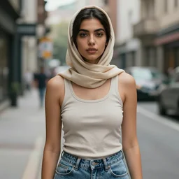 a portrait of an urban woman, wearing a headscarf, a tank top, and jeans, by donato giancola.