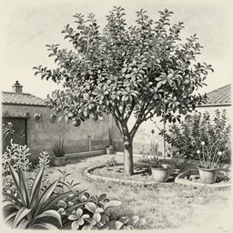 ultrarealistic pencil drawing by Isabel Quintanilla of a backyard garden with a quince tree in Madrid, 1984
