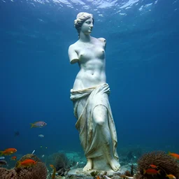 the venus de milo immersed in the bottom of the sea and surrounded by multicolored fish