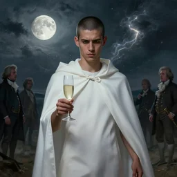 portrait of a ( ( ( champagne ) ) ), ( ( bellaco joven hombre peruano ) ), white cloak, tormenta y magia, la luna, pelo buzzed, concept character, by greg rutowski and oi and mucha and bierstadt and remington, trending on artstation
